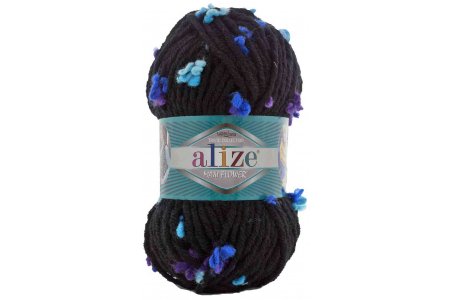 Пряжа Alize Superlana Maxi Flower черный-сиреневые/бирюзовые цветы (6243), 25%шерсть/70%акрил/5%полиамид, 80м, 100г