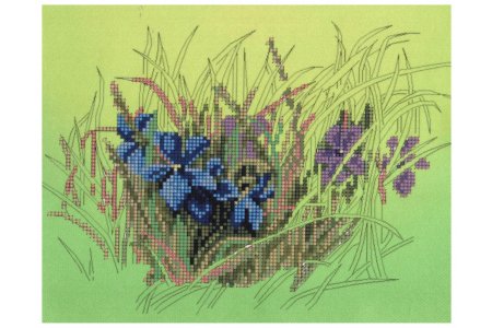 Искусственный шелк с рисунком для бисера ALISENA Фиалки в траве, 26*25см