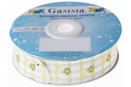 Лента жаккардовая GAMMA белый/салатовый, 20мм, 1м