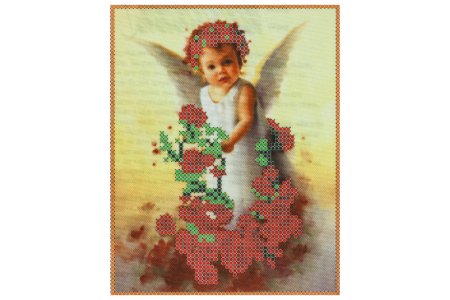 Ткань с рисунком для вышивки бисером КАРОЛИНКА Ангел в розах, 13*16,5см