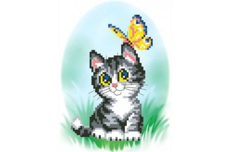 Канва с рисунком для вышивания крестом ИСКУСНИЦА Котик с бабочкой, 16*20см