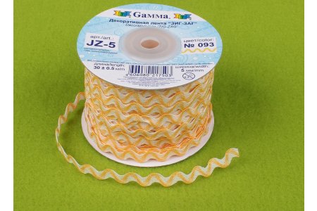Тесьма GAMMA отделочная, Зиг-заг, желтый/белый(093), 5мм, 1м