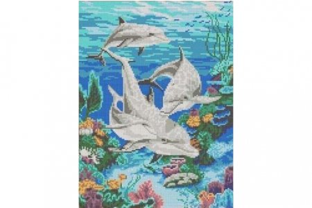 Ткань с рисунком для вышивки крестом КАРОЛИНКА Семья дельфинов, 23*30см