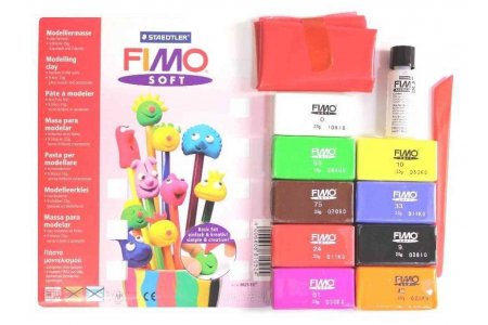 Набор полимерной глины FIMO Soft из 9 блоков по 25 гр., лак, инструмент, основа