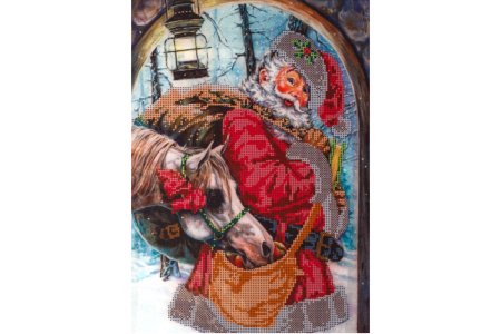 Канва с рисунком для вышивки бисером GLURIYA Дед Мороз и лошадь, 25*35см
