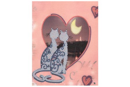 Искусственный шелк с рисунком для бисера ALISENA Валентинка - кошки, 12*15см
