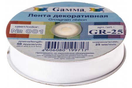 Тесьма GAMMA репсовая, белый (001), 25мм, 1м