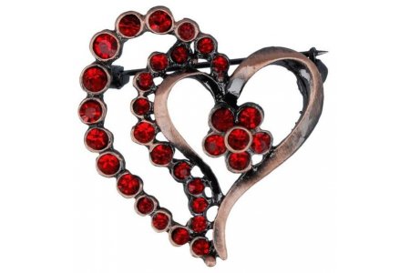 Булавка декоративная MICRON, Сердце с цветком со стразами, шлифованная медь, 3,2*3,5см