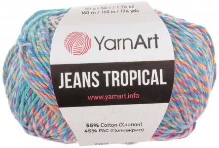 Пряжа YarnArt Jeans tropikal бирюзовый меланж (618), 55%хлопок/45%акрил, 160м, 50г