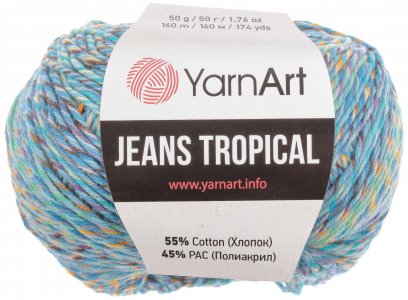 Пряжа YarnArt Jeans tropikal сине-бирюзовый (614), 55%хлопок/45%акрил, 160м, 50г