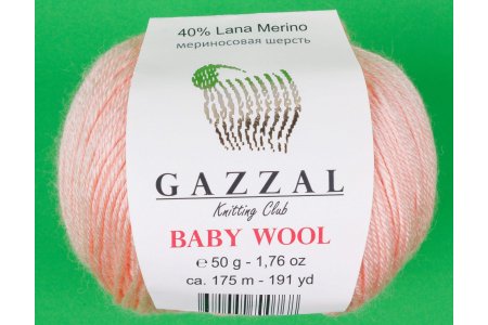 Пряжа Gazzal Baby Wool светлый персик (834), 40%шерсть мериноса/20%кашемирПА/40%акрил, 175м, 50г