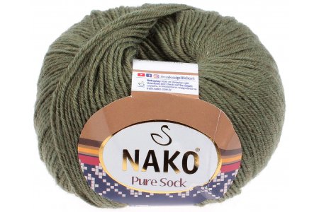 Пряжа Nako Pure wool sock хаки (1989), 70%шерсть/30%полиамид, 200м, 50г