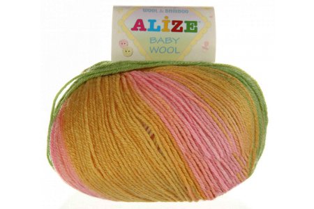 Пряжа Alize Baby Wool Batik желто-розово-мятный (4390), 40%шерсть/20%бамбук/40%акрил, 175м, 50г