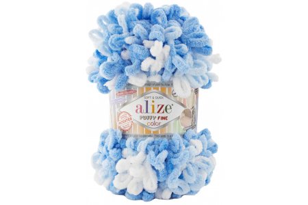 Пряжа Alize Puffy fine color белый-голубой-синий (6371), 100%микрополиэстер, 14,5м, 100г