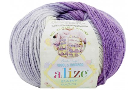 Пряжа Alize Baby Wool Batik белый-светло-сиреневый-фиолетовый (2167), 40%шерсть/20%бамбук/40%акрил, 175м, 50г