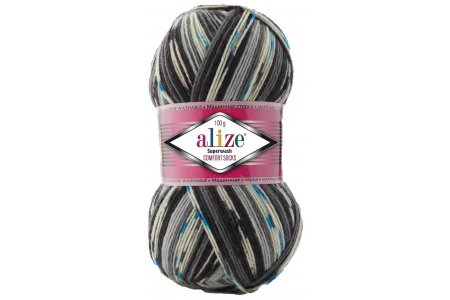 Пряжа Alize Superwash comfort socks белый-серый-черный-бирюза (7650), 75%шерсть/25%полиамид, 420м, 100г