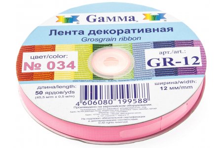 Тесьма GAMMA репсовая, розовый (034), 12мм, 1м