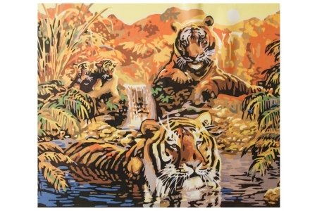 РАСПРОДАЖА Картина по номерам без красок БЕЛОСНЕЖКА на цветном холсте Семья тигров 352-CG-C, 40*50см