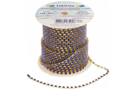 Тесьма GAMMA металлическая, со стразами, синий в золотой оправе, 2,7мм, 1м
