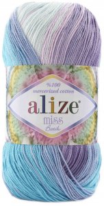 Пряжа Alize Miss Batik голубой-бирюзовый-фиолетовый (3677), 100% мерсеризованный хлопок, 280м, 50г
