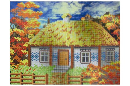 Ткань с рисунком для вышивки бисером КАРОЛИНКА Осень в деревне, 25*18см