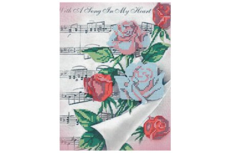 Искусственный шелк с рисунком для бисера ALISENA Нотки с розами, 25*28см