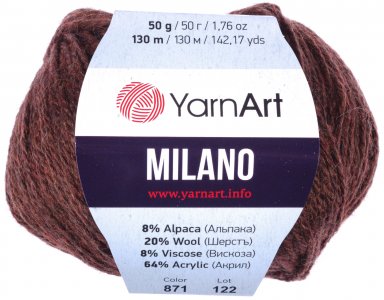 Пряжа Yarnart Milano коричневый (871), 8%альпака/20%шерсть/8%вискоза/64%акрил, 130м, 50г