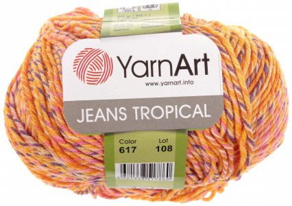 Пряжа YarnArt Jeans tropikal оранжевый меланж (617), 55%хлопок/45%акрил, 160м, 50г