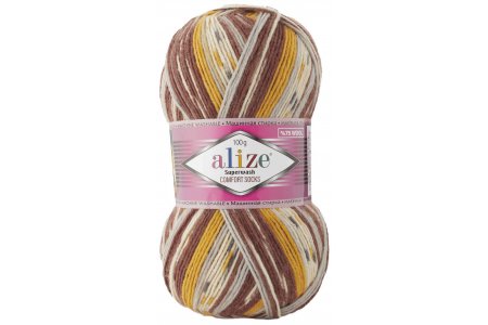 Пряжа Alize Superwash comfort socks белый-желтый-коричневый-серый (7652), 75%шерсть/25%полиамид, 420м, 100г