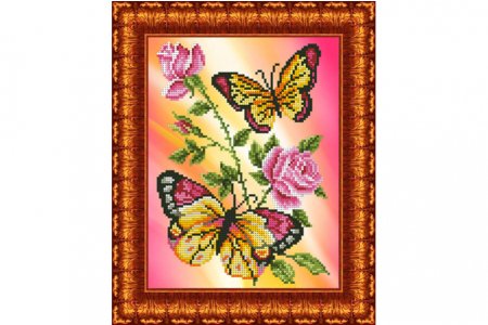 Ткань с рисунком для вышивки бисером КАРОЛИНКА Бабочки и розы, 18*24,4см