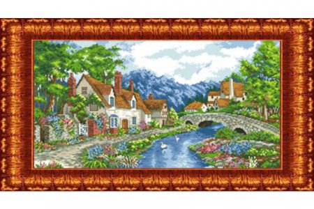 Ткань с рисунком для вышивки крестом КАРОЛИНКА Альпийский городок, 32*47см