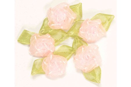 Цветок из ткани Розочка с листочками, розовый, d1,5см