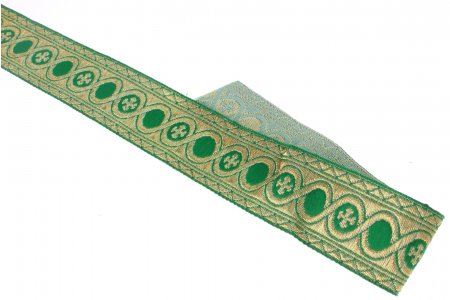 Лента жаккардовая Галун православный  Горошина зеленый с золотом, 32мм, 1м