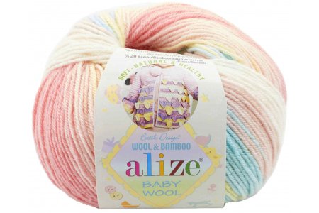 Пряжа Alize Baby Wool Batik белый-розовый-голубой-жёлтый (3045), 40%шерсть/20%бамбук/40%акрил, 175м, 50г