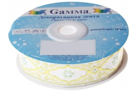 Лента жаккардовая GAMMA белый/салатовый, 25мм, 1м