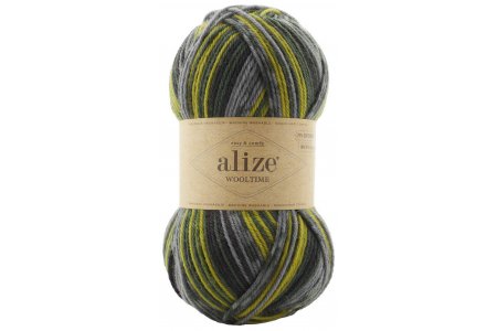 Пряжа Alize Wooltime принт черный-серый-зеленый-салатовый (11019), 75%шерсть/25%полиамид, 200м, 100г
