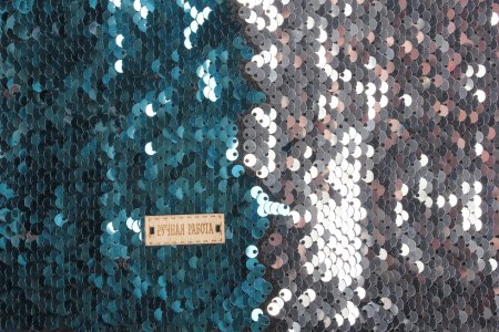 Ткань для пэчворка, пайетки двухсторонние, голубой-серебряный, 33*33см
