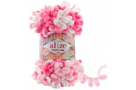 Пряжа Alize Puffy fine color белый-розовый-малиновый (6383), 100%микрополиэстер, 14,5м, 100г