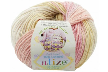Пряжа Alize Baby Wool Batik белый-коричневый-желтый-розовый (2807), 40%шерсть/20%бамбук/40%акрил, 175м, 50г