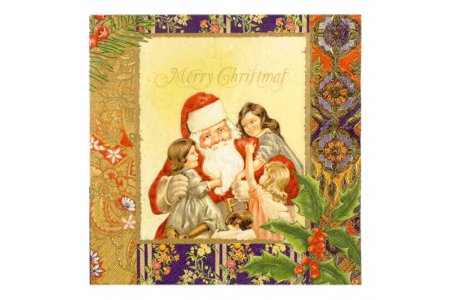 Салфетка для декупажа MAKI Дед Мороз с детьми, фиолетовый бордюр, 33*33см