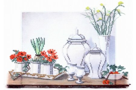 Набор для вышивки бисером на искусственном шелке ОВЕН Натюрморт на белом с вазами, 35*30см