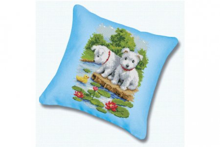 Набор для вышивания крестом БЕЛОСНЕЖКА Подушка Два щенка, канва голубая, 45*45см