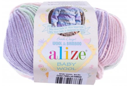 Пряжа Alize Baby Wool Batik сиреневый-розовый-мята (7258), 40%шерсть/20%бамбук/40%акрил, 175м, 50г