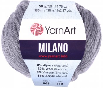 Пряжа Yarnart Milano серый (868), 8%альпака/20%шерсть/8%вискоза/64%акрил, 130м, 50г