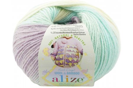 Пряжа Alize Baby Wool Batik белый-зелёный-сиреневый (6620), 40%шерсть/20%бамбук/40%акрил, 175м, 50г