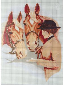 Схема для вышивки крестом цветная, Жокей с лошадьми, 30*42см