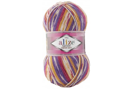 Пряжа Alize Superwash comfort socks белый-желтый-лиловый-сиреневый (7655), 75%шерсть/25%полиамид, 420м, 100г