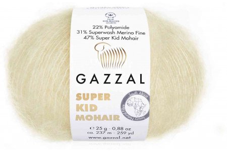 Пряжа Gazzal Super Kid Mohair молочный (64408), 31%меринос/47%супер кид мохер/22%полиамид, 237м, 25г