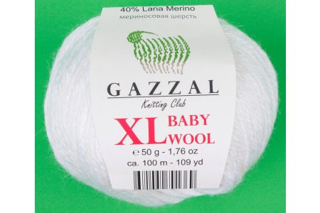 Пряжа Gazzal Baby Wool XL БЕЛЫЙ (801), 40%шерсть мериноса/20%кашемирПА/40%акрил, 100м, 50г