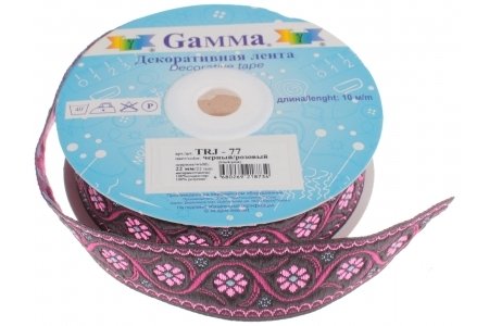 Лента жаккардовая GAMMA чёрный/розовый, 22мм, 1м